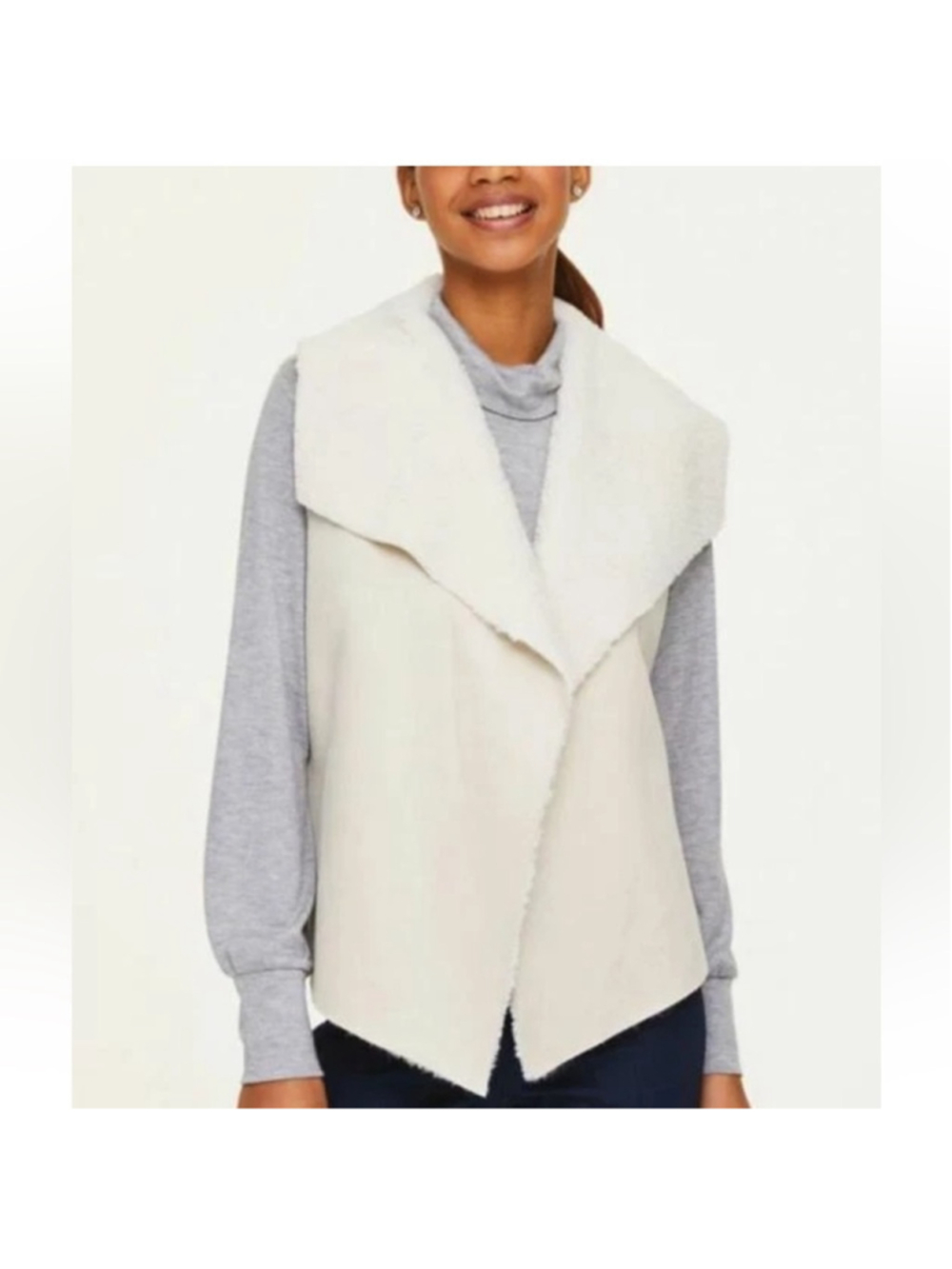 LOFT Outlet Sherpa Vest Cream Faux Fur Open Front Cozy Size L
